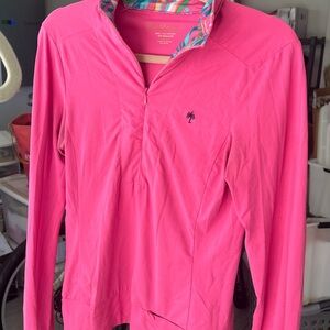 Lilly Pulitzer Pink Long-Sleeve Shirt with Palm Tree Logo and colorful collar